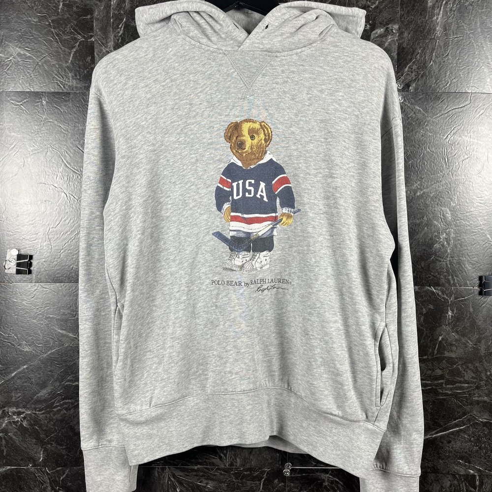 Polo Ralph Lauren Men's Grey USA Hockey Polo Bear Fleece Hoodie Medium